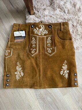 Embroidered Brown Leather  A-Line Skirt Octoberfest